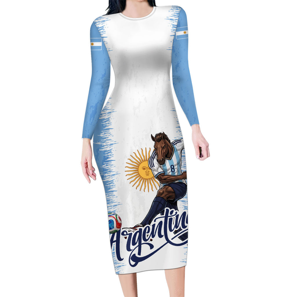 Personalized Argentina Football La Seleccion Long Sleeve Bodycon Dress Argentinian Horse Soccer Mascot Patriotic Grunge