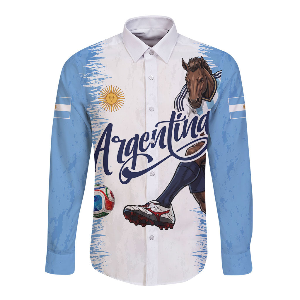 Personalized Argentina Football La Seleccion Long Sleeve Button Shirt Argentinian Horse Soccer Mascot Patriotic Grunge