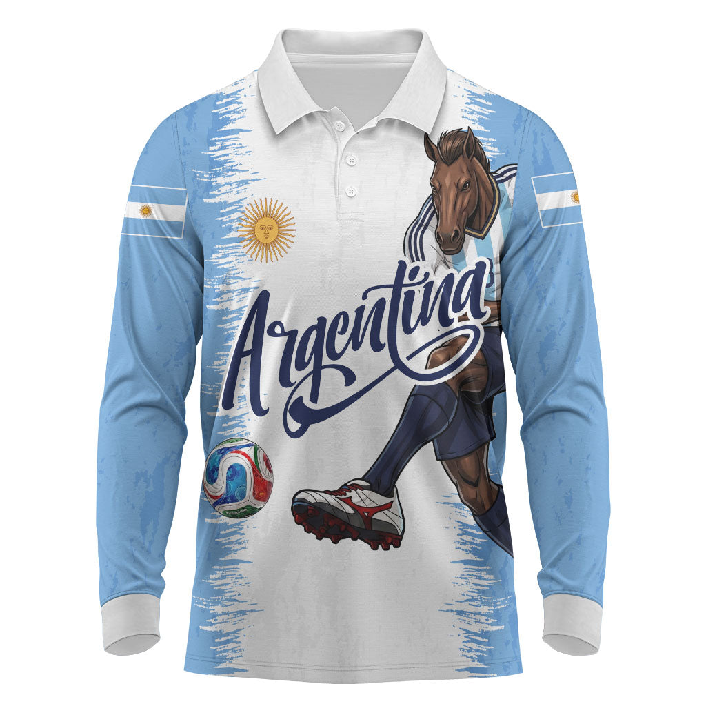 Personalized Argentina Football La Seleccion Long Sleeve Polo Shirt Argentinian Horse Soccer Mascot Patriotic Grunge