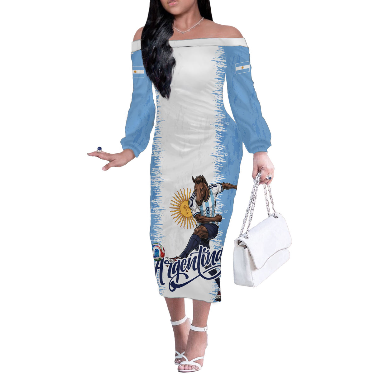 Personalized Argentina Football La Seleccion Off The Shoulder Long Sleeve Dress Argentinian Horse Soccer Mascot Patriotic Grunge