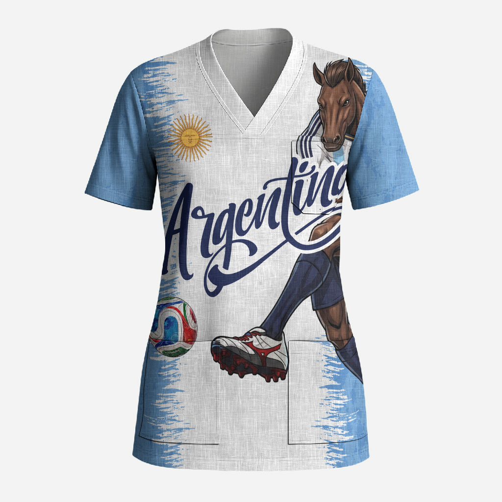 Personalized Argentina Football La Seleccion Scrub Top Argentinian Horse Soccer Mascot Patriotic Grunge