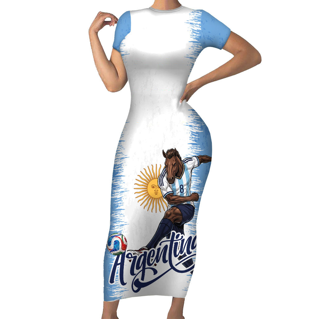 Personalized Argentina Football La Seleccion Short Sleeve Bodycon Dress Argentinian Horse Soccer Mascot Patriotic Grunge