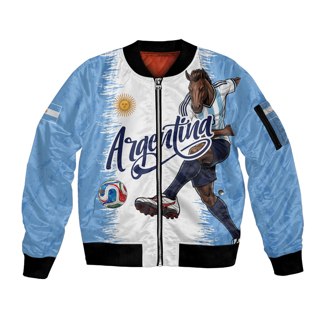Personalized Argentina Football La Seleccion Sleeve Zip Bomber Jacket Argentinian Horse Soccer Mascot Patriotic Grunge