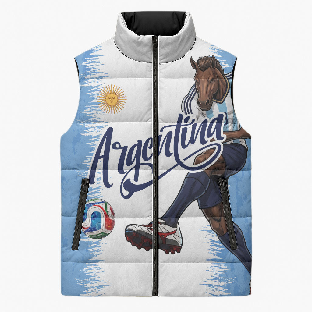 Personalized Argentina Football La Seleccion Sleeveless Puffer Jacket Argentinian Horse Soccer Mascot Patriotic Grunge