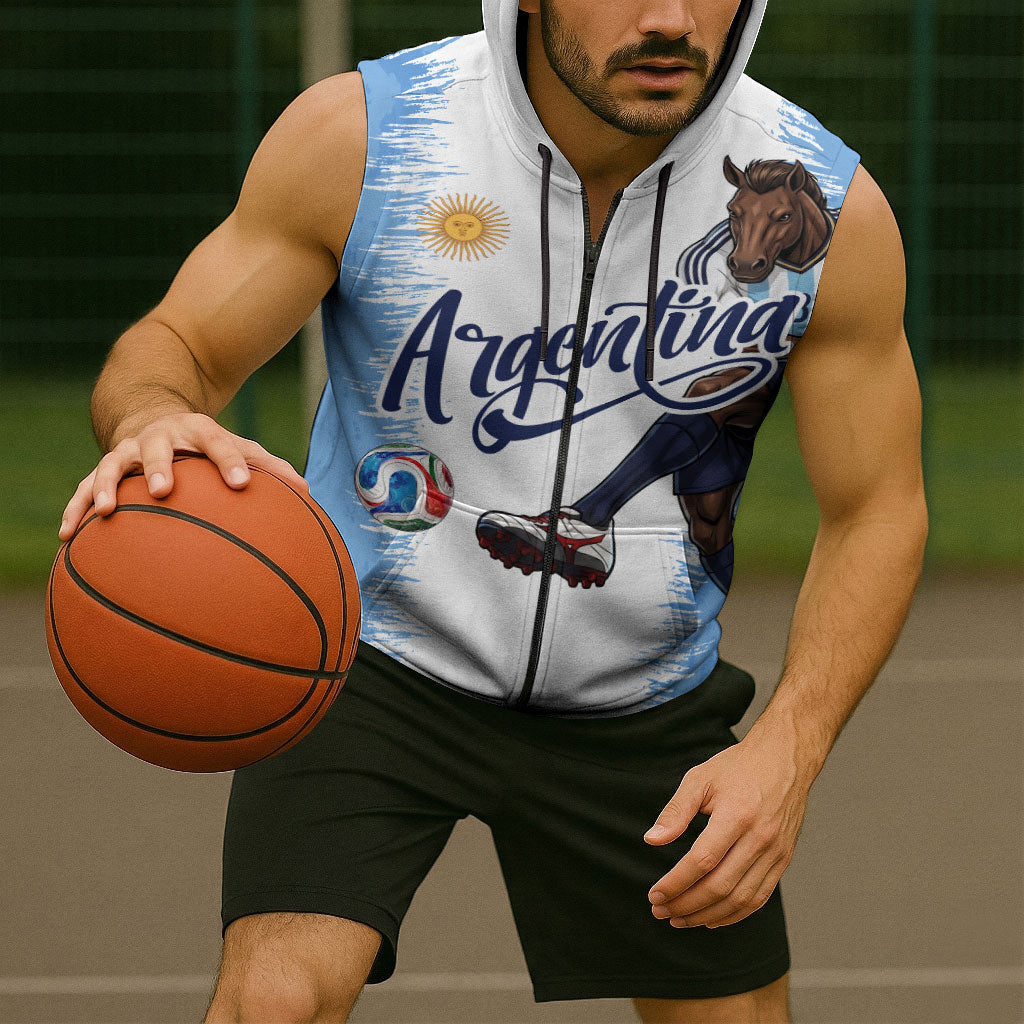 Personalized Argentina Football La Seleccion Sleeveless Zip Hoodie Argentinian Horse Soccer Mascot Patriotic Grunge