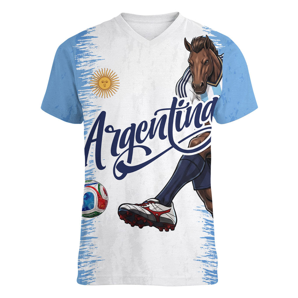 Personalized Argentina Football La Seleccion Women V-Neck T-Shirt Argentinian Horse Soccer Mascot Patriotic Grunge