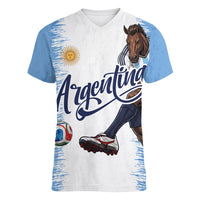 Personalized Argentina Football La Seleccion Women V-Neck T-Shirt Argentinian Horse Soccer Mascot Patriotic Grunge