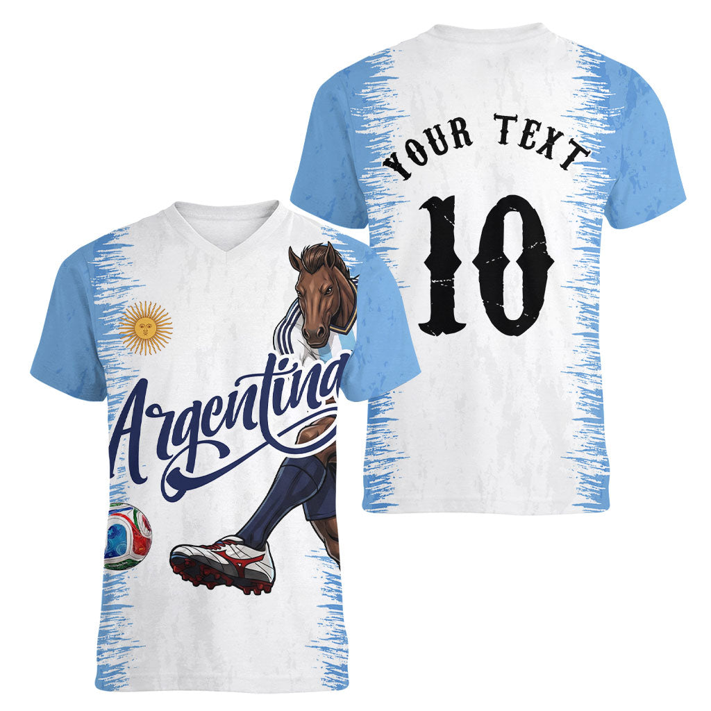 Personalized Argentina Football La Seleccion Women V-Neck T-Shirt Argentinian Horse Soccer Mascot Patriotic Grunge