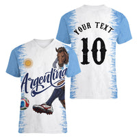 Personalized Argentina Football La Seleccion Women V-Neck T-Shirt Argentinian Horse Soccer Mascot Patriotic Grunge