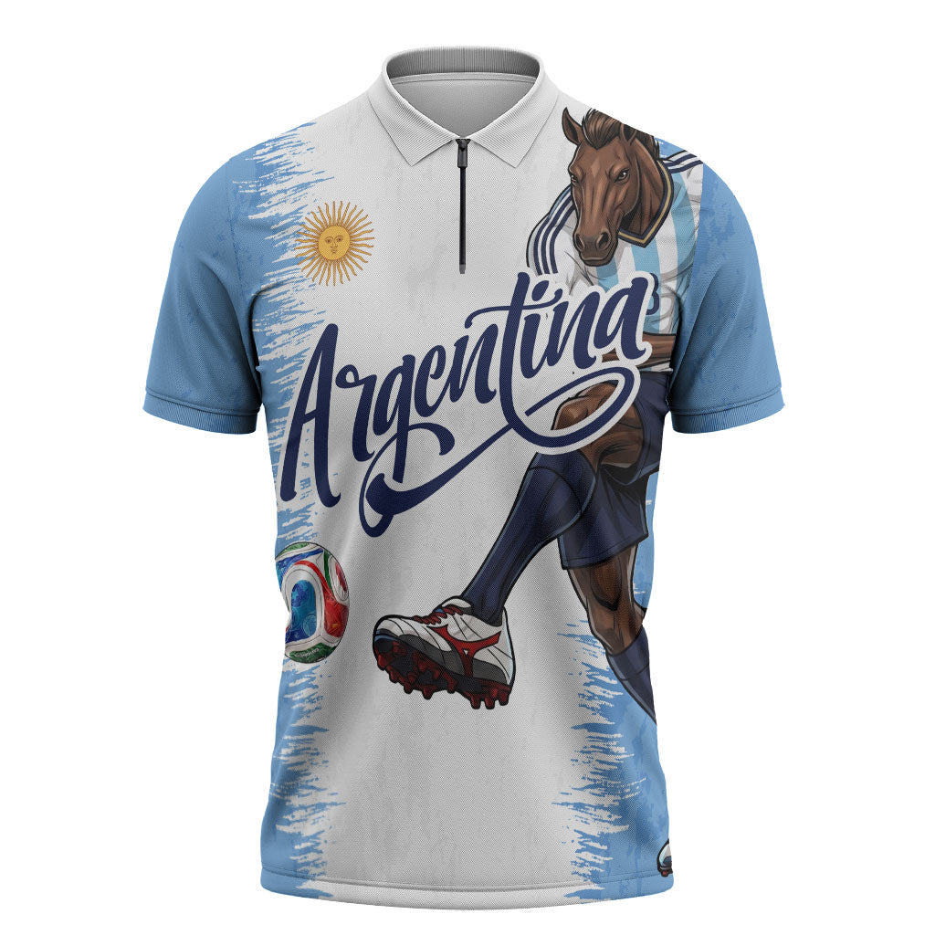 Personalized Argentina Football La Seleccion Zipper Polo Shirt Argentinian Horse Soccer Mascot Patriotic Grunge