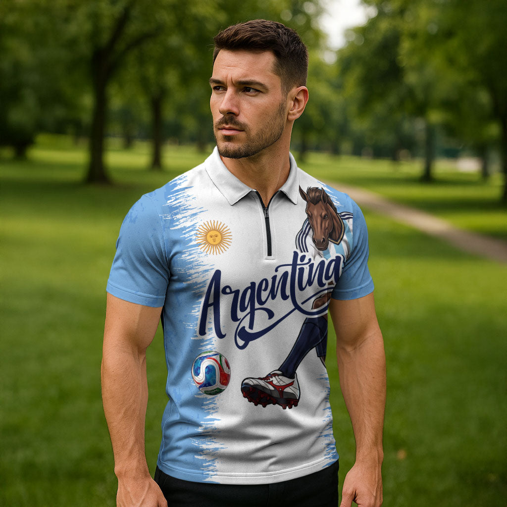 Personalized Argentina Football La Seleccion Zipper Polo Shirt Argentinian Horse Soccer Mascot Patriotic Grunge