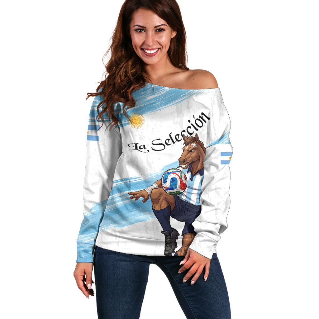 Personalized Argentina Football Off Shoulder Sweater La Seleccion Horse - Sun Of May