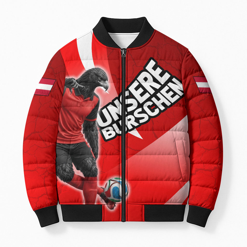 Personalized Austria Football Unsere Burschen Bomber Puffer Jacket Eagle Mascot Patriotic Wave Grunge