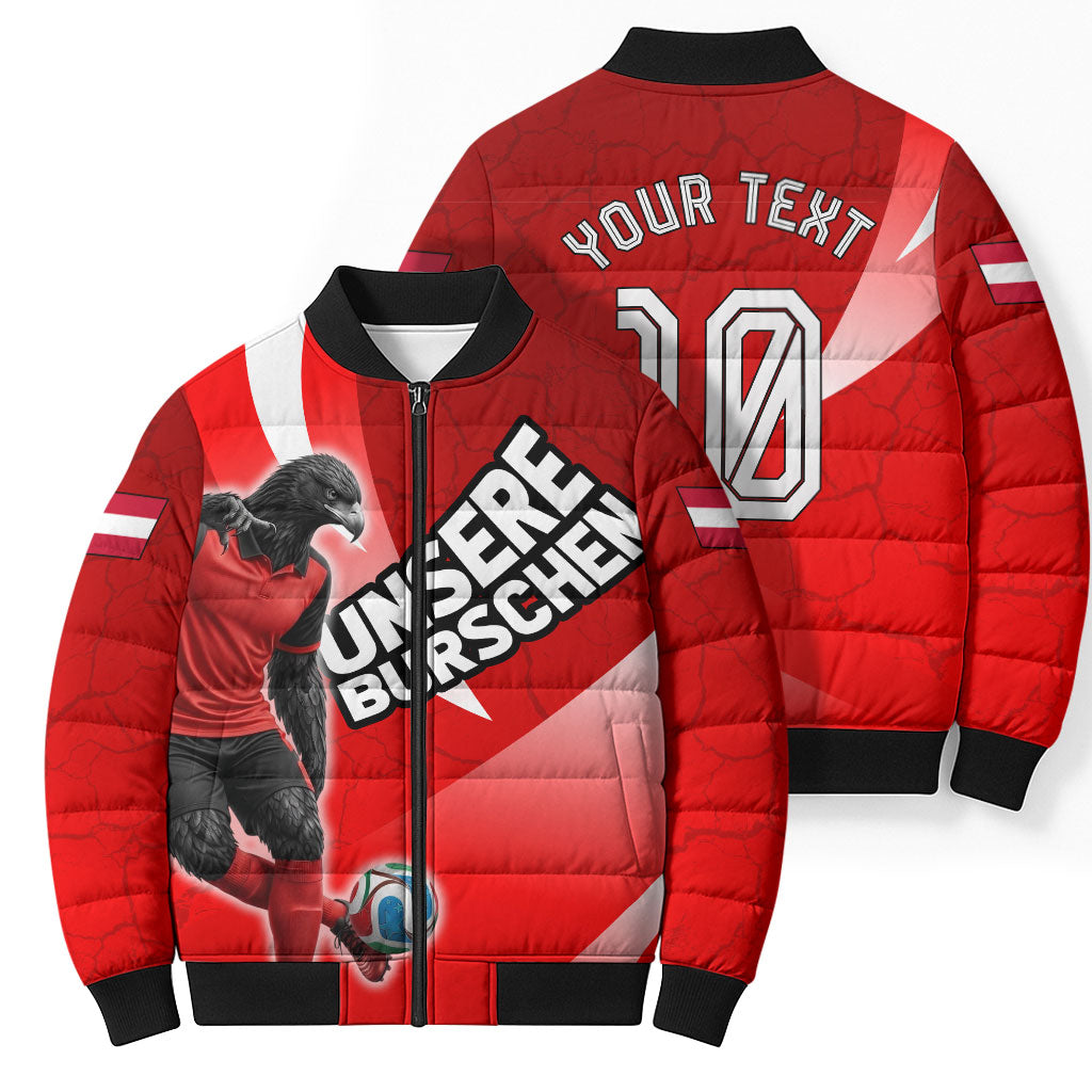 Personalized Austria Football Unsere Burschen Bomber Puffer Jacket Eagle Mascot Patriotic Wave Grunge