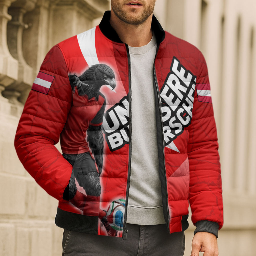 Personalized Austria Football Unsere Burschen Bomber Puffer Jacket Eagle Mascot Patriotic Wave Grunge