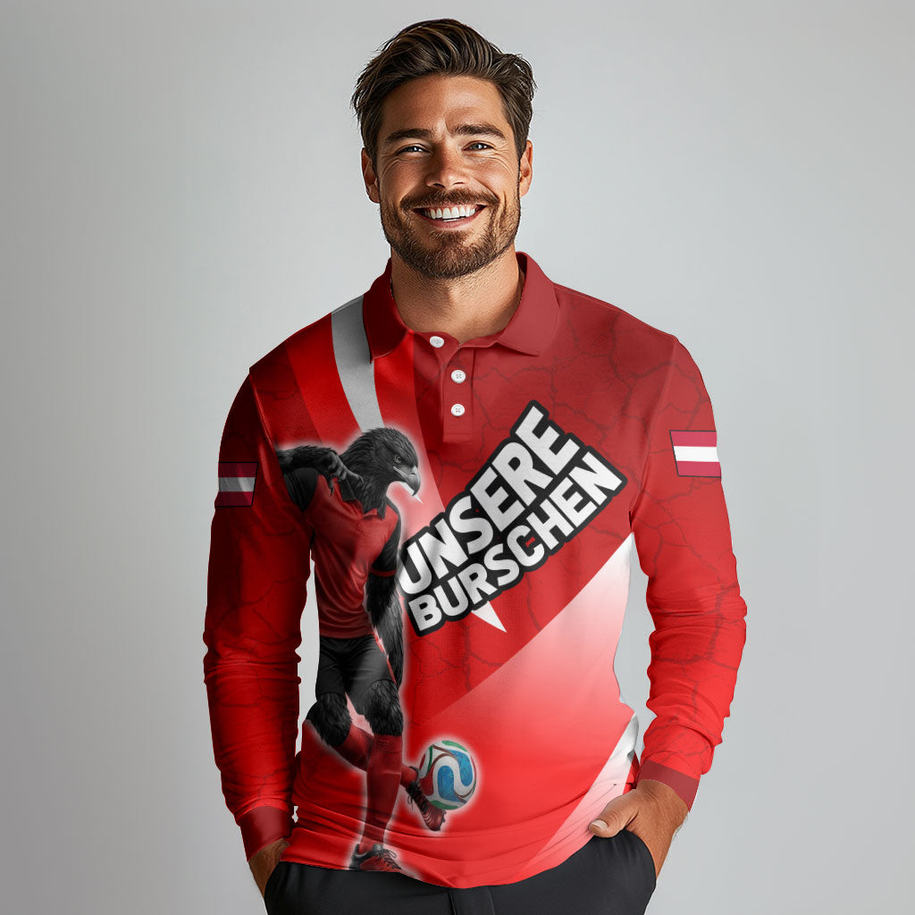 Personalized Austria Football Unsere Burschen Long Sleeve Polo Shirt Eagle Mascot Patriotic Wave Grunge