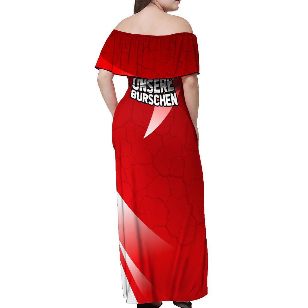 Austria Football Unsere Burschen Off Shoulder Maxi Dress Eagle Mascot Patriotic Wave Grunge