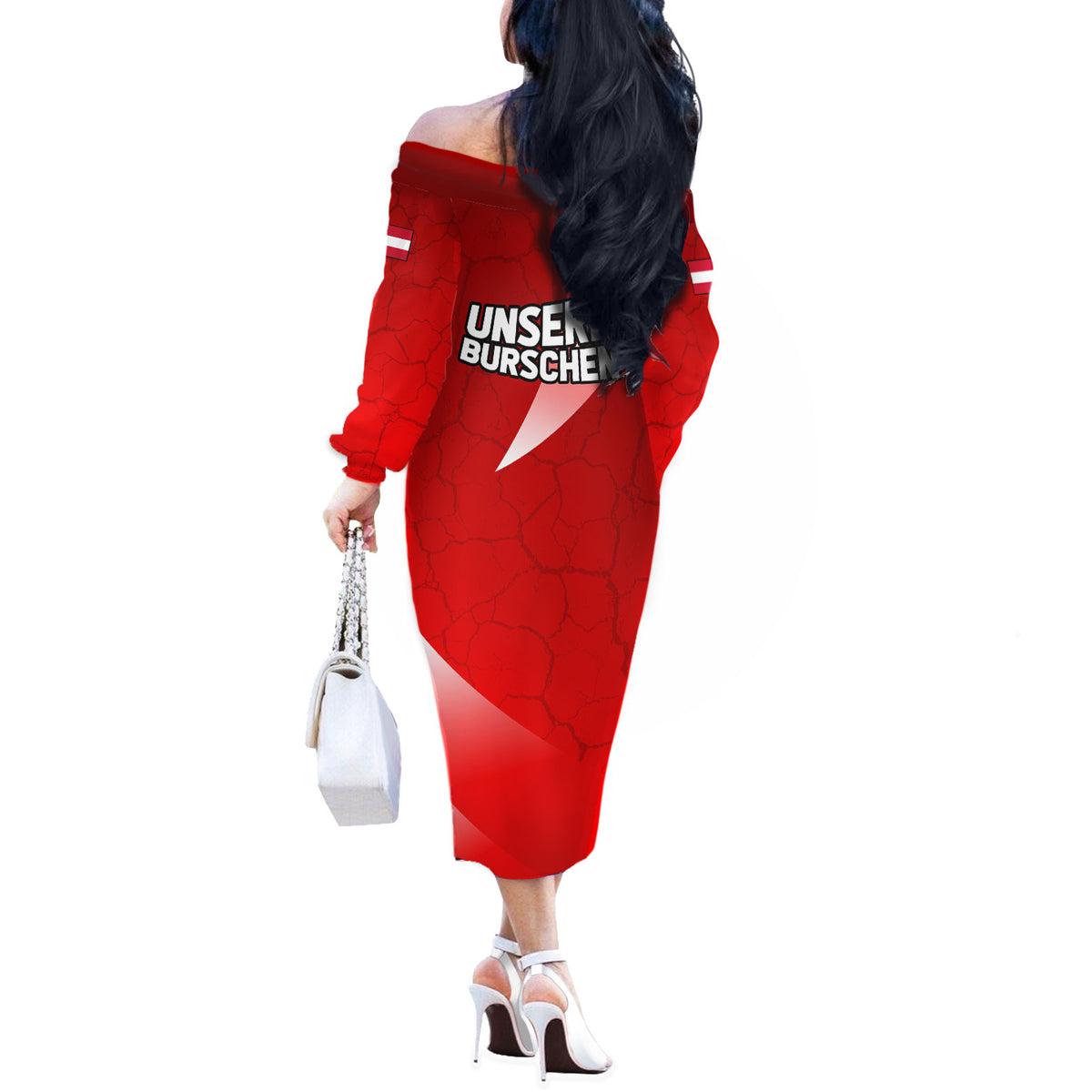 Austria Football Unsere Burschen Off The Shoulder Long Sleeve Dress Eagle Mascot Patriotic Wave Grunge