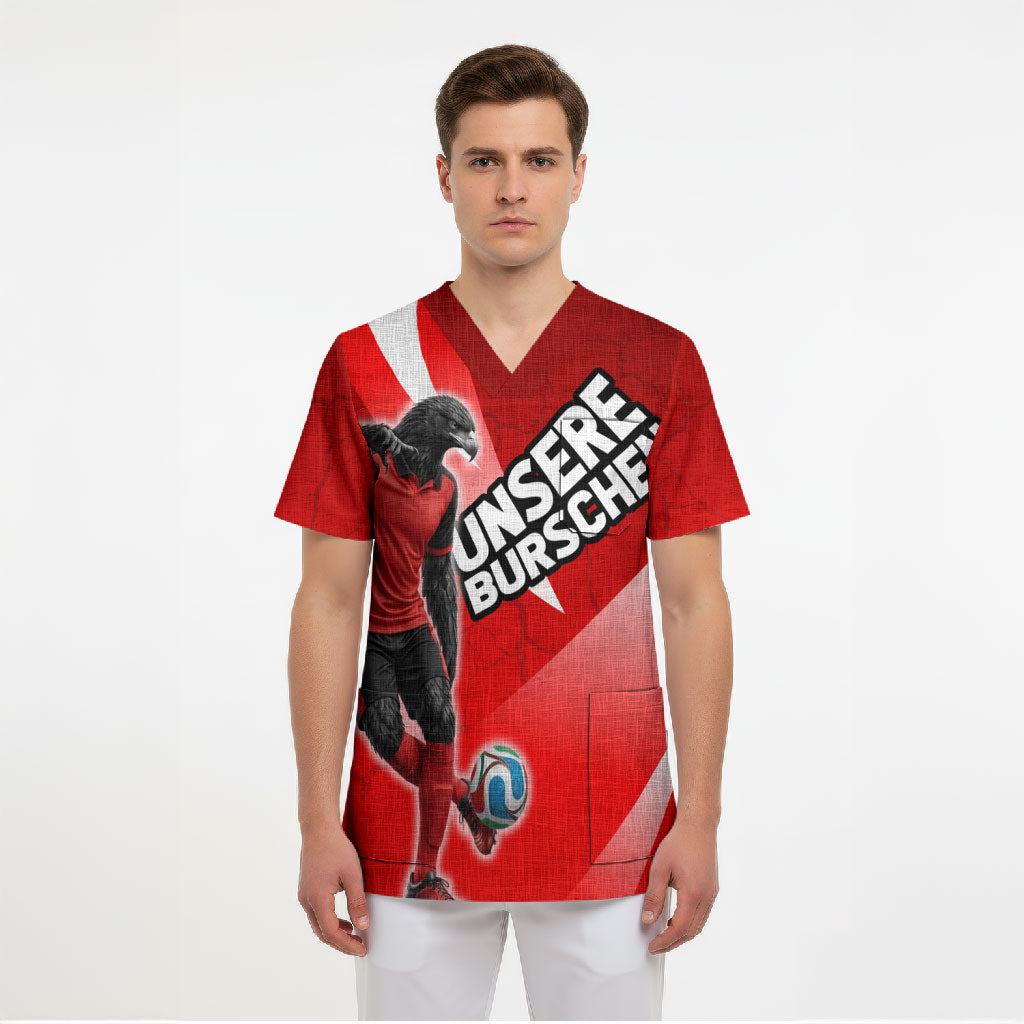 Personalized Austria Football Unsere Burschen Scrub Top Eagle Mascot Patriotic Wave Grunge