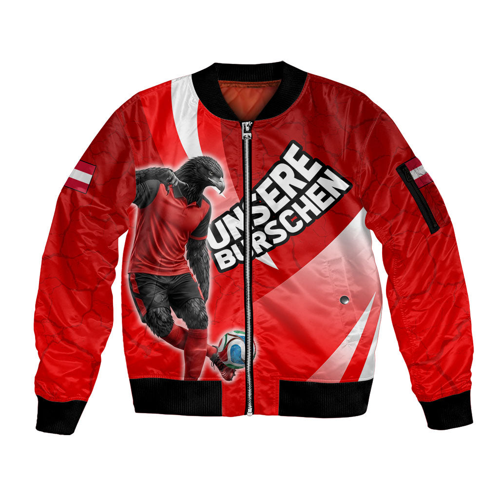 Personalized Austria Football Unsere Burschen Sleeve Zip Bomber Jacket Eagle Mascot Patriotic Wave Grunge