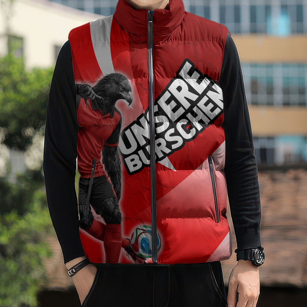 Personalized Austria Football Unsere Burschen Sleeveless Puffer Jacket Eagle Mascot Patriotic Wave Grunge
