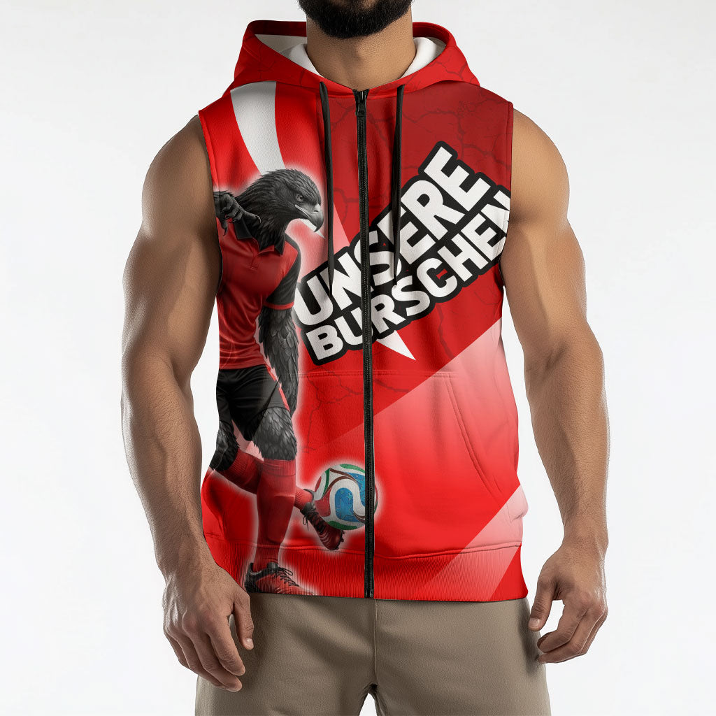 Personalized Austria Football Unsere Burschen Sleeveless Zip Hoodie Eagle Mascot Patriotic Wave Grunge