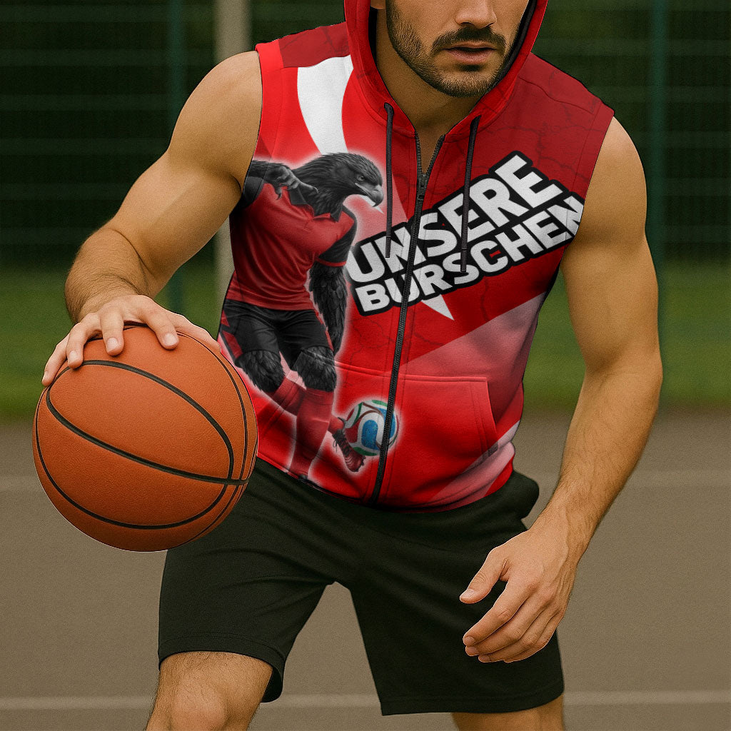 Personalized Austria Football Unsere Burschen Sleeveless Zip Hoodie Eagle Mascot Patriotic Wave Grunge