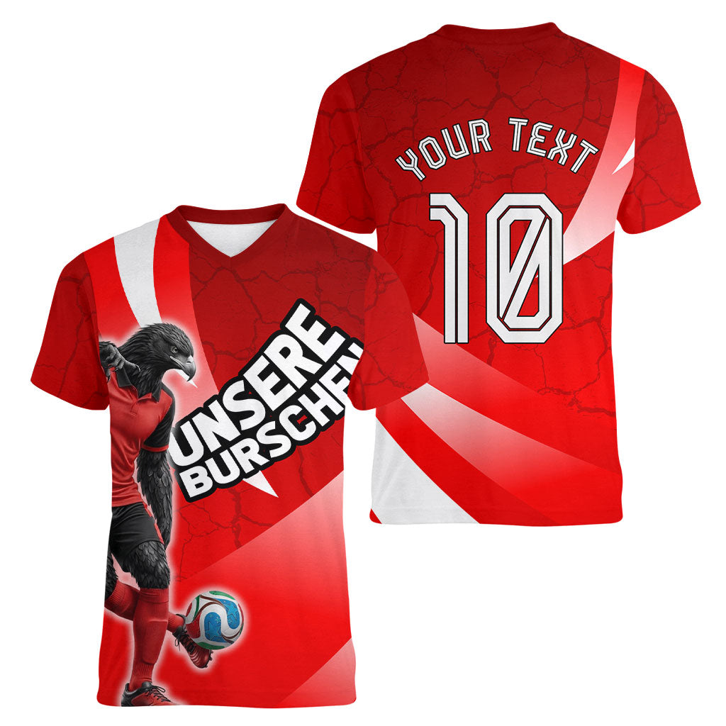 Personalized Austria Football Unsere Burschen Women V-Neck T-Shirt Eagle Mascot Patriotic Wave Grunge