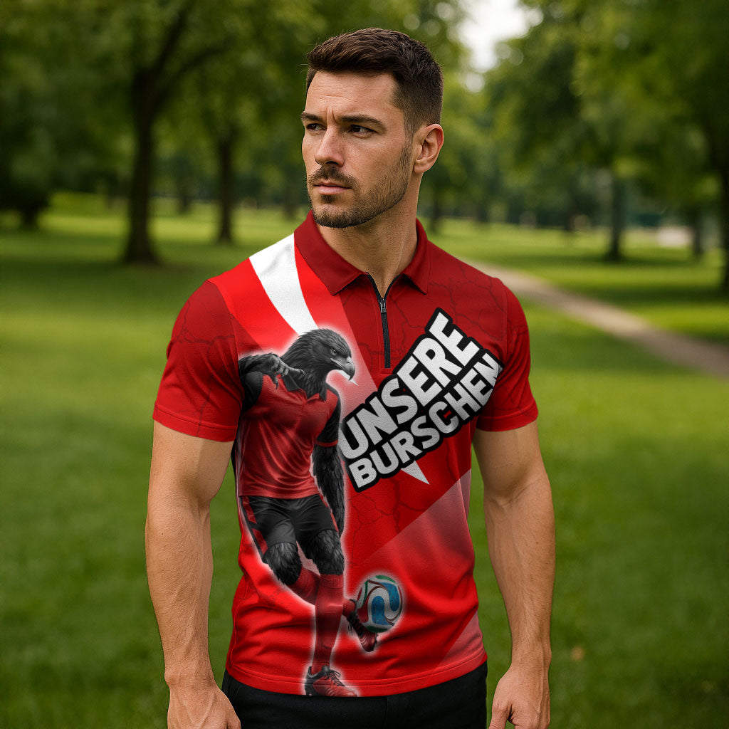 Personalized Austria Football Unsere Burschen Zipper Polo Shirt Eagle Mascot Patriotic Wave Grunge