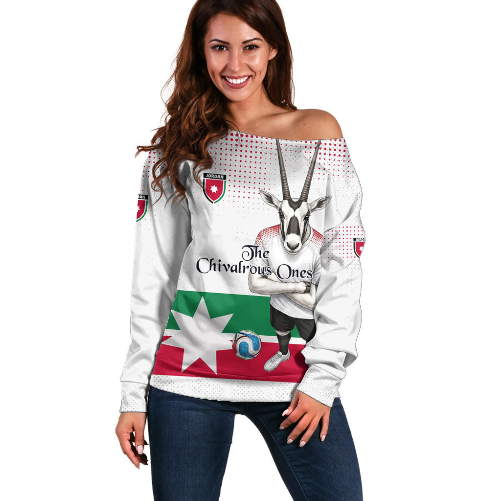 Personalized Jordan Football Off Shoulder Sweater The Chivalrous Ones Oryx Mascot Patriotic Halftone Dot