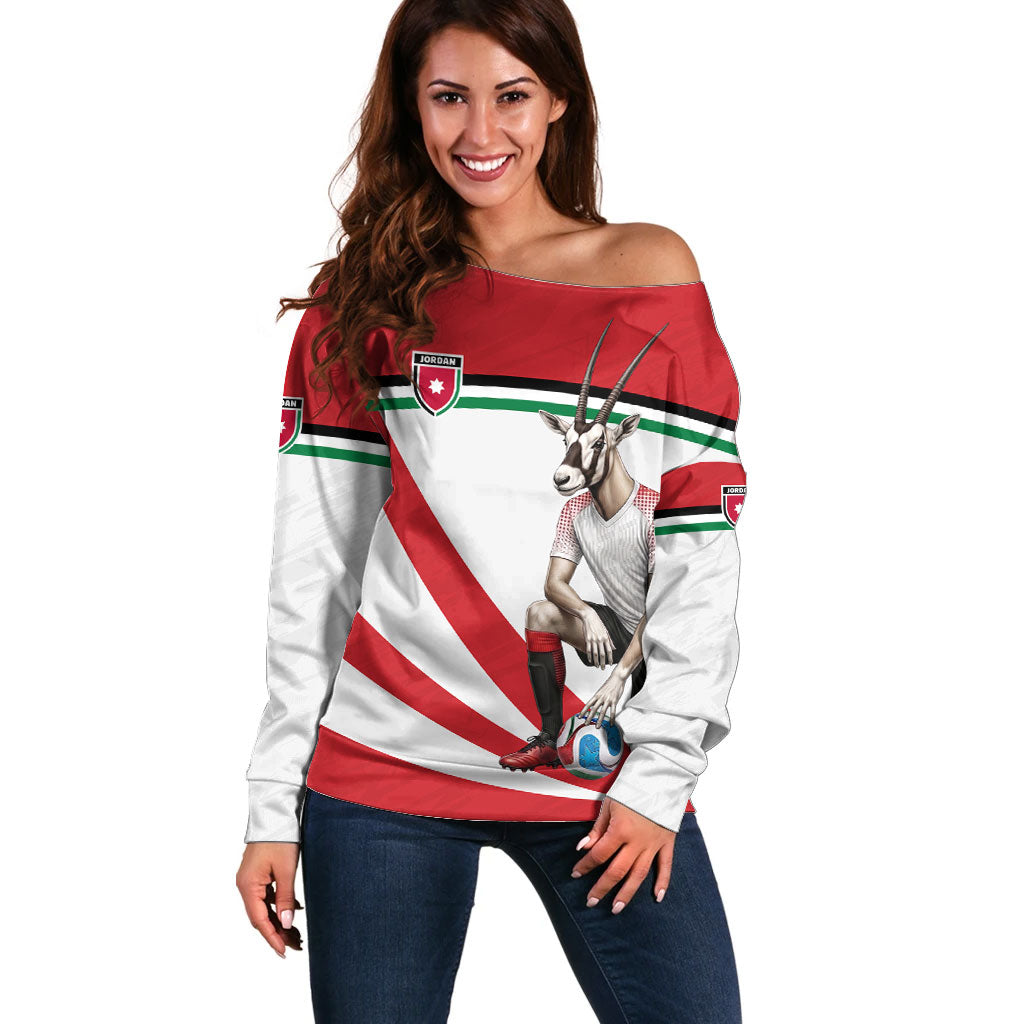 Personalized Jordan Football Oryx Mascot Off Shoulder Sweater Patriotic Diagonal Stripe Athletic Graphic