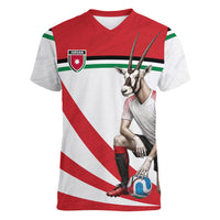 Personalized Jordan Football Oryx Mascot Women V-Neck T-Shirt Patriotic Diagonal Stripe Athletic Graphic