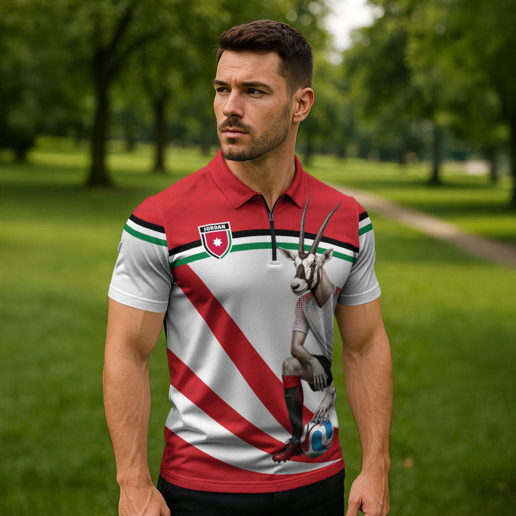 Personalized Jordan Football Oryx Mascot Zipper Polo Shirt Patriotic Diagonal Stripe Athletic Graphic