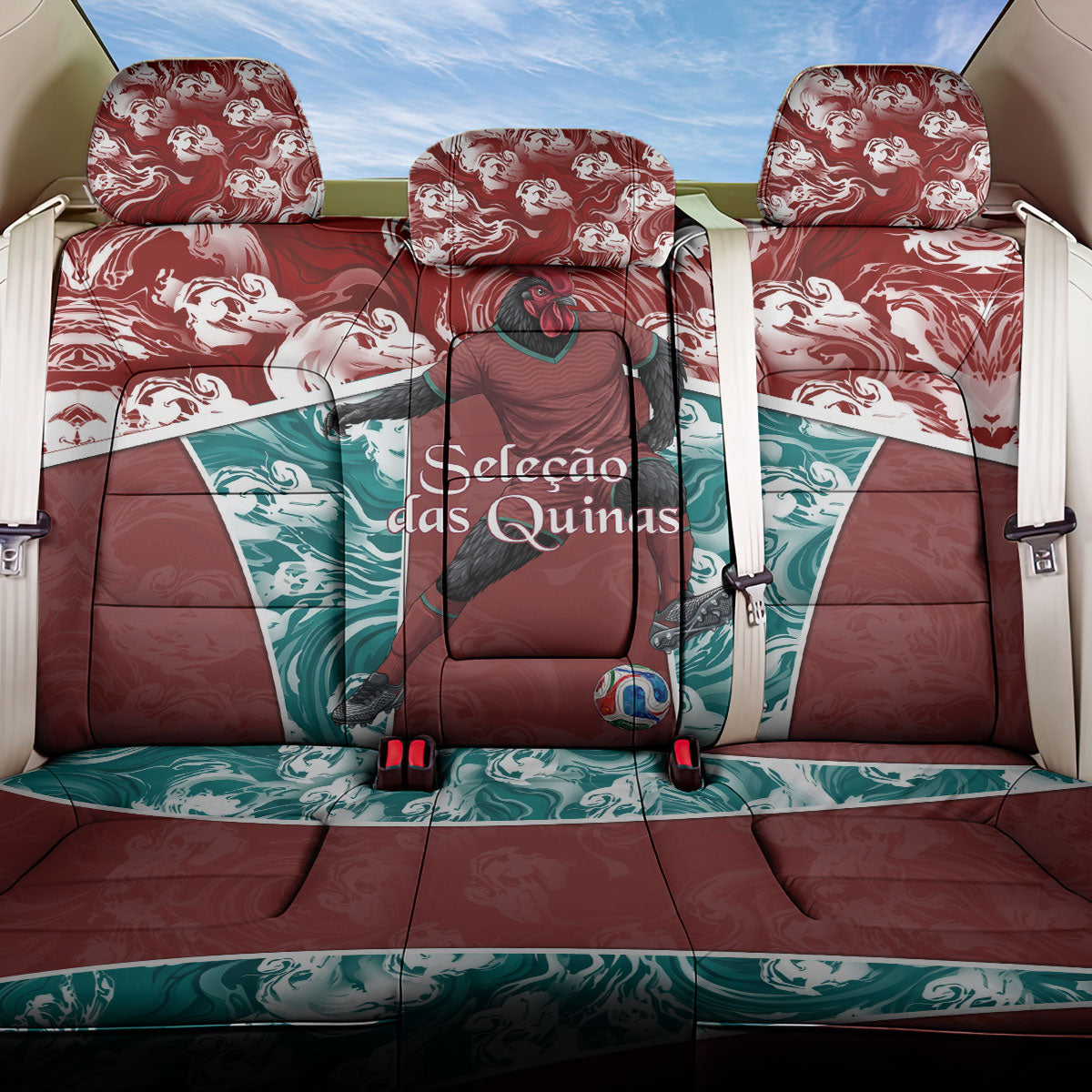 Portugal Football Back Car Seat Cover Selecao das Quinas Rooster Mascot Ornate Marble Swirl