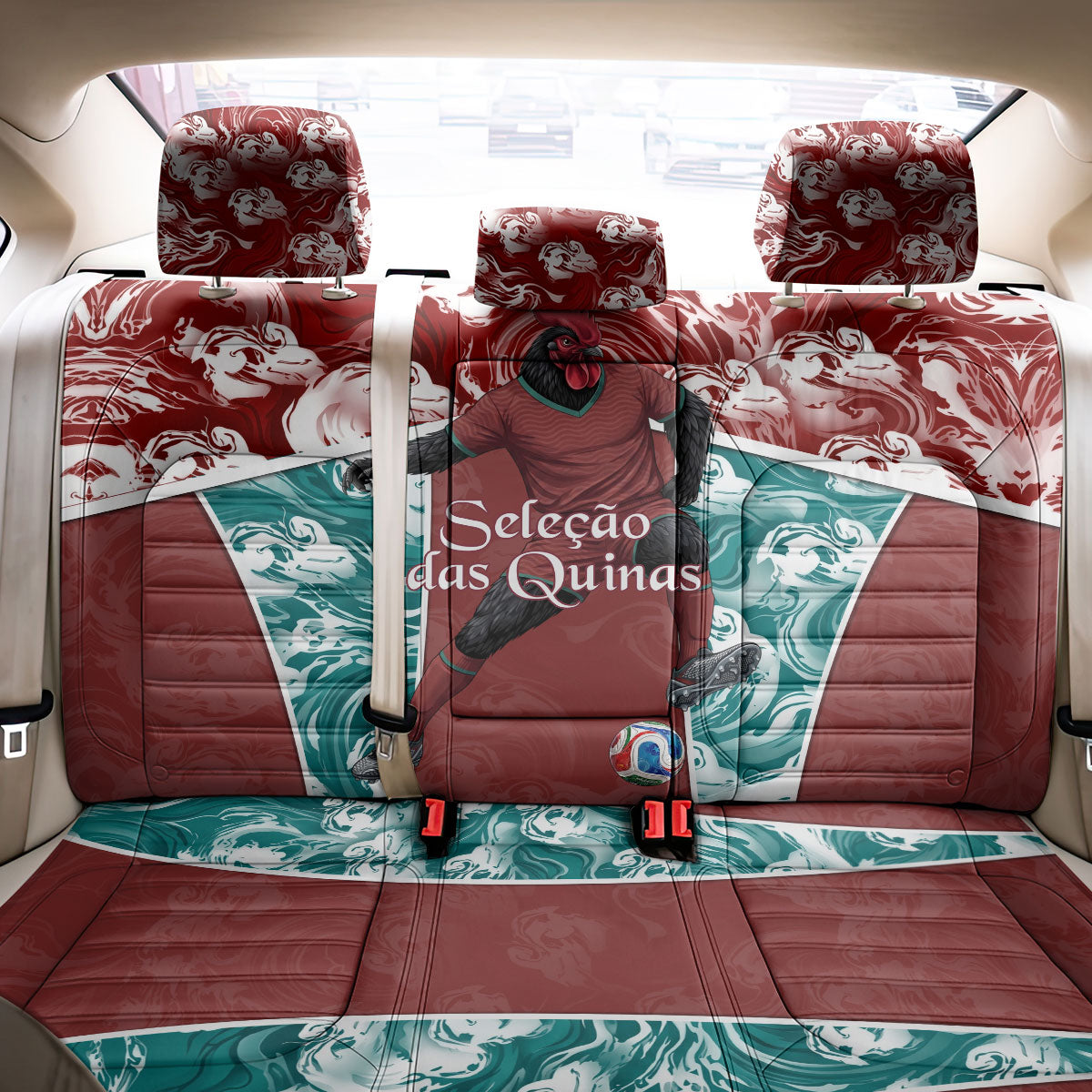 Portugal Football Back Car Seat Cover Selecao das Quinas Rooster Mascot Ornate Marble Swirl