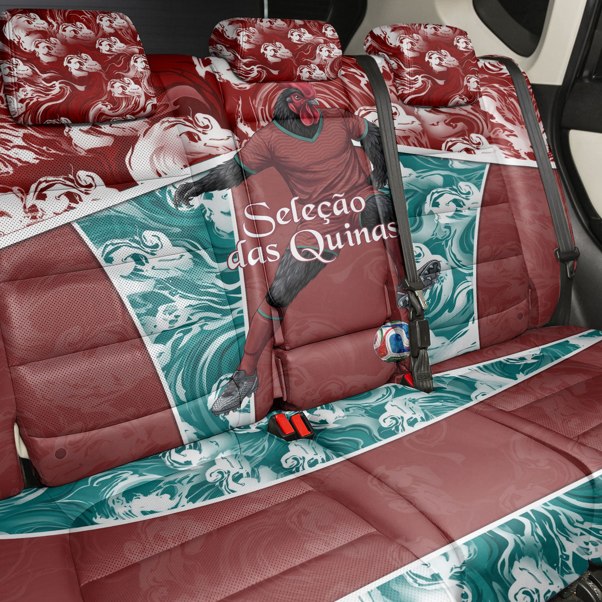 Portugal Football Back Car Seat Cover Selecao das Quinas Rooster Mascot Ornate Marble Swirl