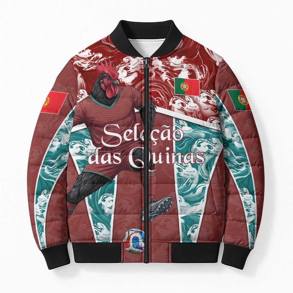Personalized Portugal Football Bomber Puffer Jacket Selecao das Quinas Rooster Mascot Ornate Marble Swirl