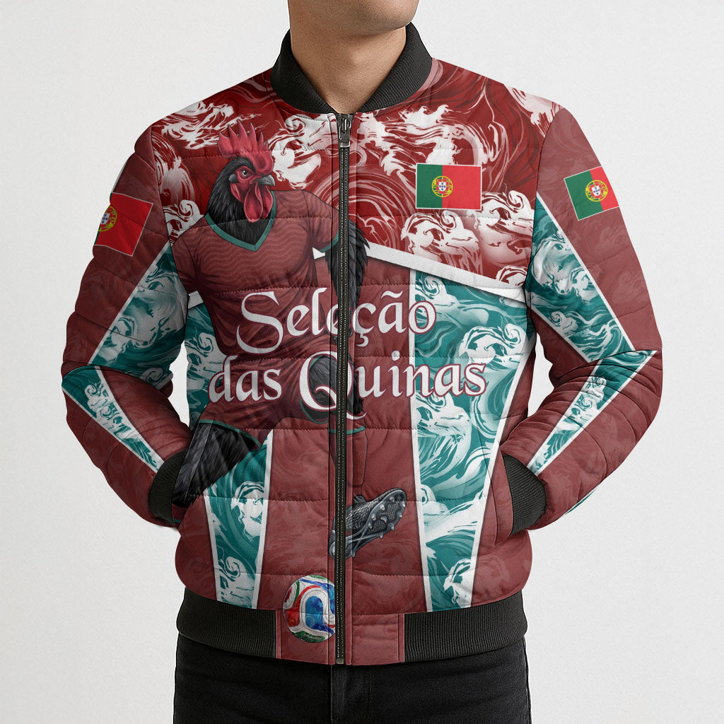 Personalized Portugal Football Bomber Puffer Jacket Selecao das Quinas Rooster Mascot Ornate Marble Swirl