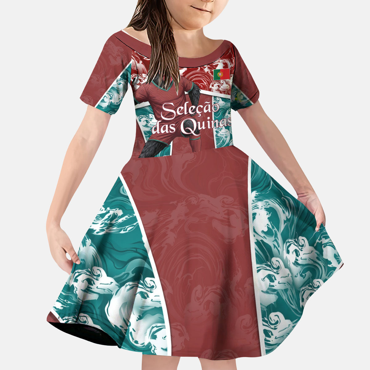 Personalized Portugal Football Kid Short Sleeve Dress Selecao das Quinas Rooster Mascot Ornate Marble Swirl