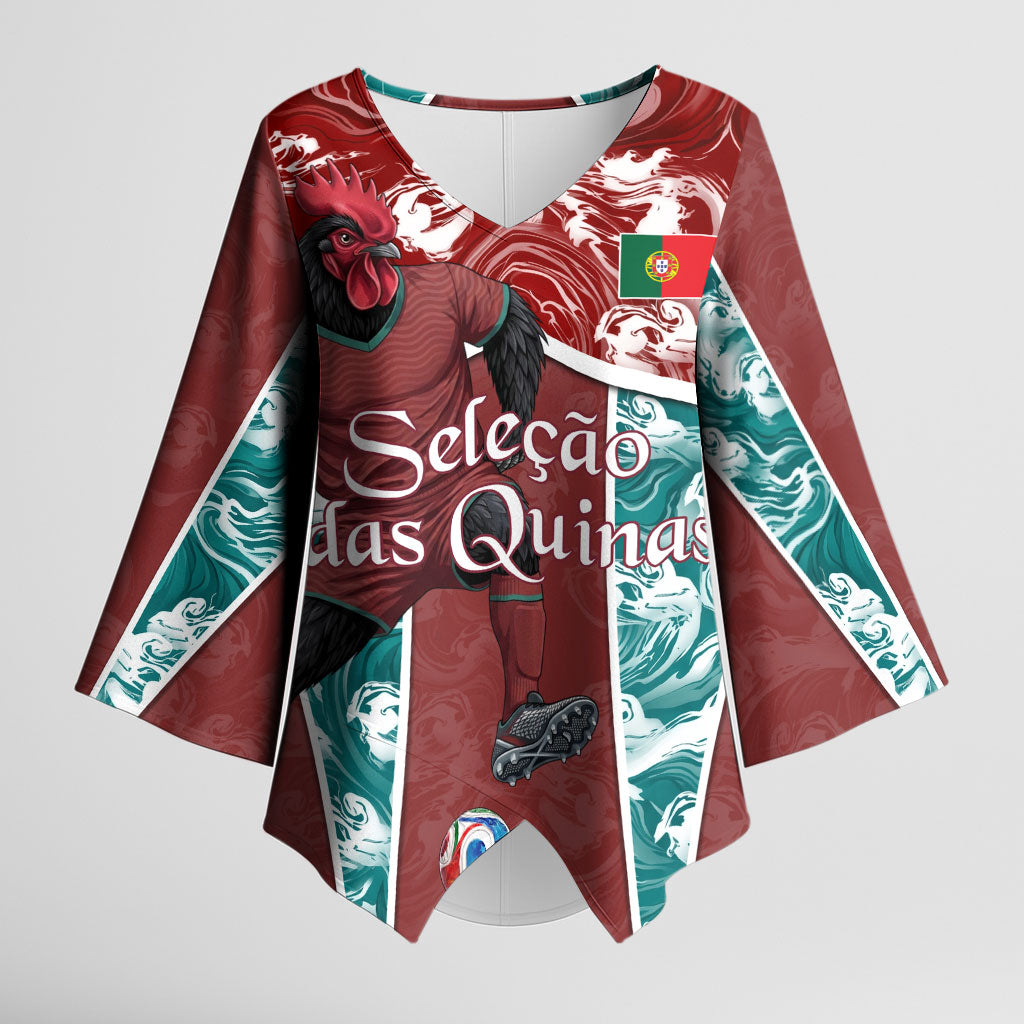 Personalized Portugal Football Kimono Sleeve Blouse Selecao das Quinas Rooster Mascot Ornate Marble Swirl