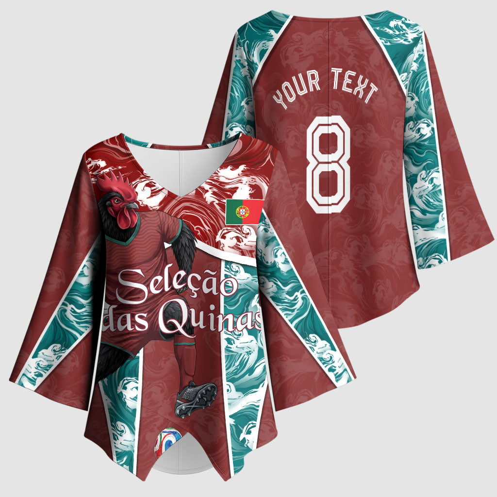 Personalized Portugal Football Kimono Sleeve Blouse Selecao das Quinas Rooster Mascot Ornate Marble Swirl