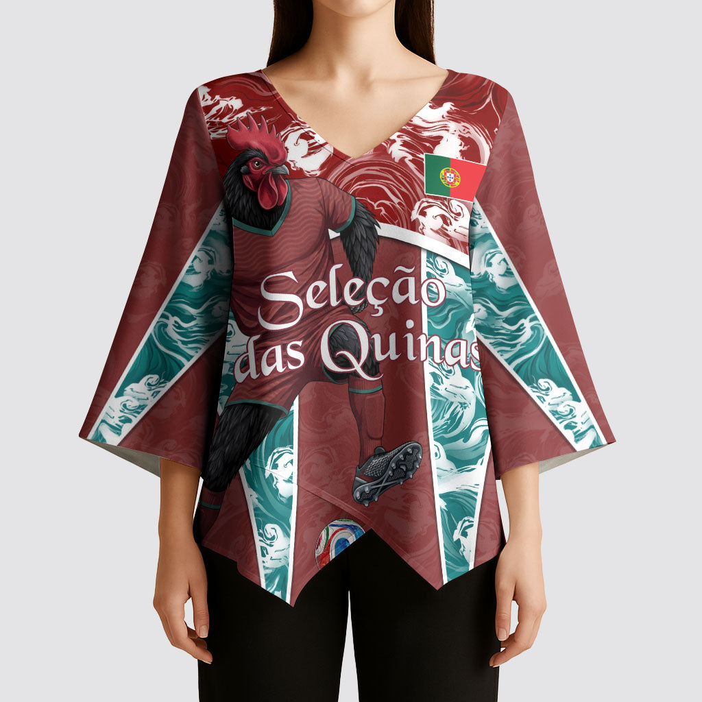 Personalized Portugal Football Kimono Sleeve Blouse Selecao das Quinas Rooster Mascot Ornate Marble Swirl