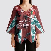 Personalized Portugal Football Kimono Sleeve Blouse Selecao das Quinas Rooster Mascot Ornate Marble Swirl