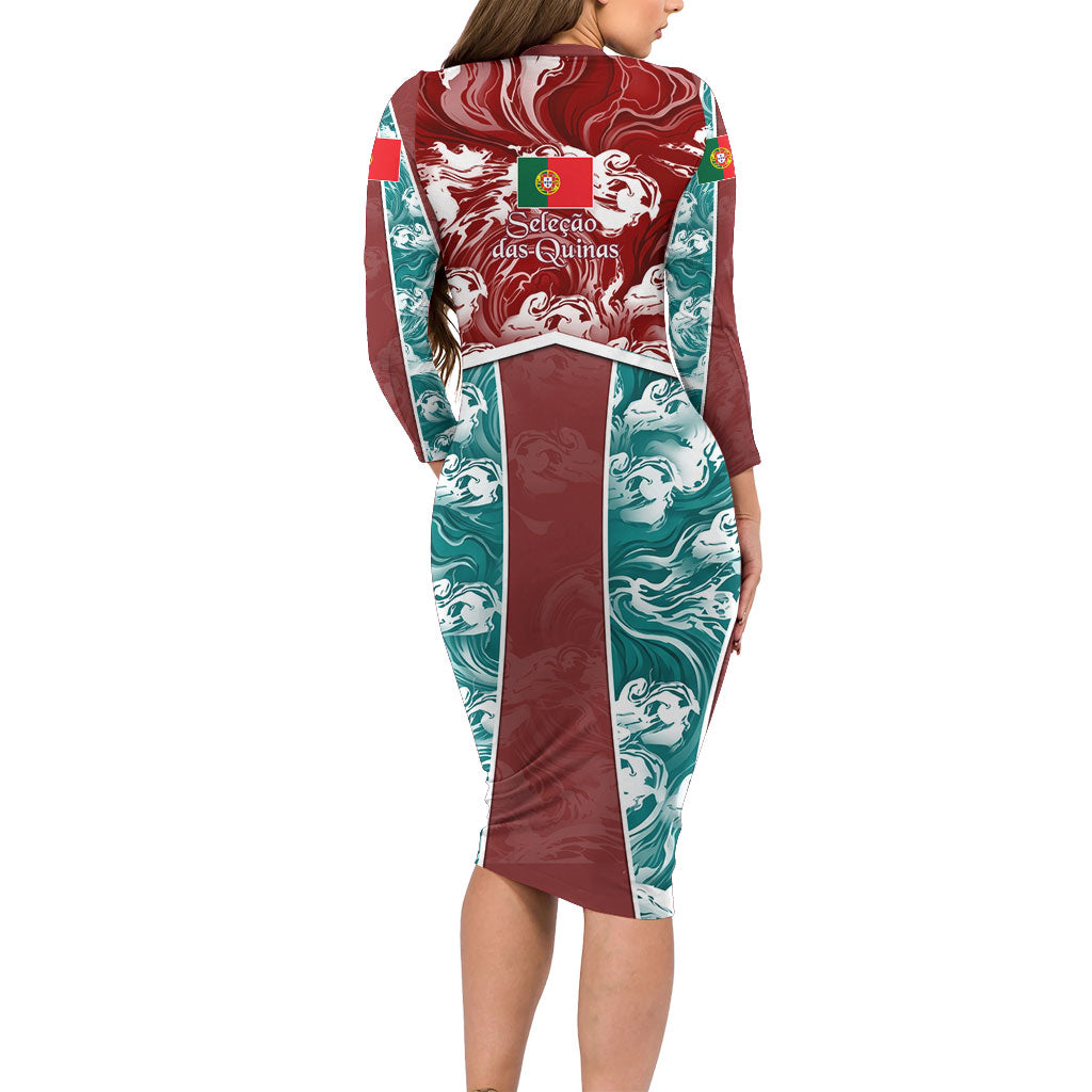 Portugal Football Long Sleeve Bodycon Dress Selecao das Quinas Rooster Mascot Ornate Marble Swirl
