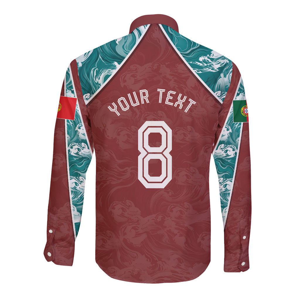 Personalized Portugal Football Long Sleeve Button Shirt Selecao das Quinas Rooster Mascot Ornate Marble Swirl