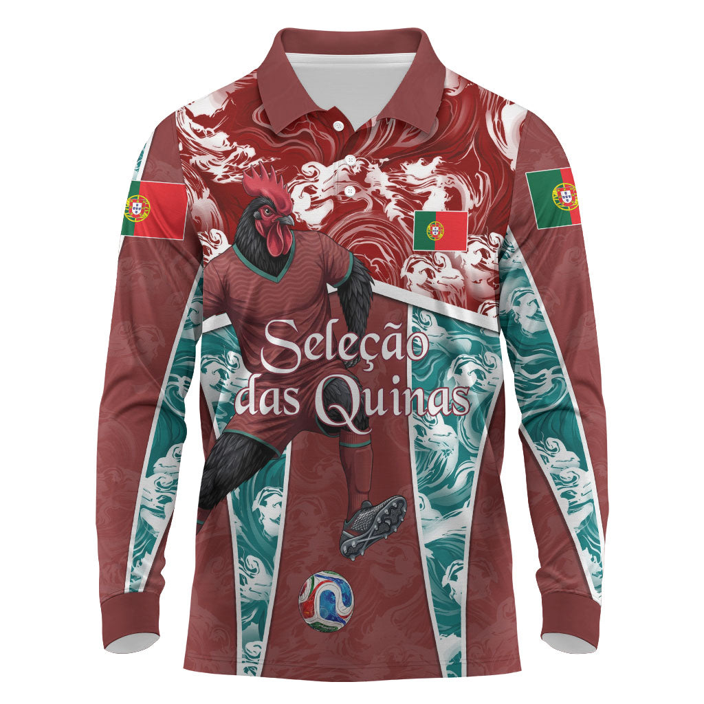 Personalized Portugal Football Long Sleeve Polo Shirt Selecao das Quinas Rooster Mascot Ornate Marble Swirl