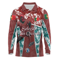 Personalized Portugal Football Long Sleeve Polo Shirt Selecao das Quinas Rooster Mascot Ornate Marble Swirl