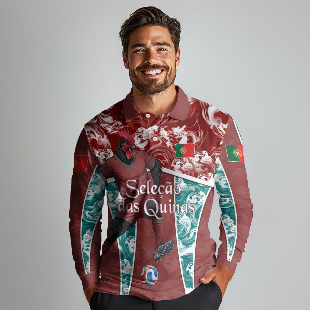Personalized Portugal Football Long Sleeve Polo Shirt Selecao das Quinas Rooster Mascot Ornate Marble Swirl