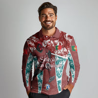 Personalized Portugal Football Long Sleeve Polo Shirt Selecao das Quinas Rooster Mascot Ornate Marble Swirl