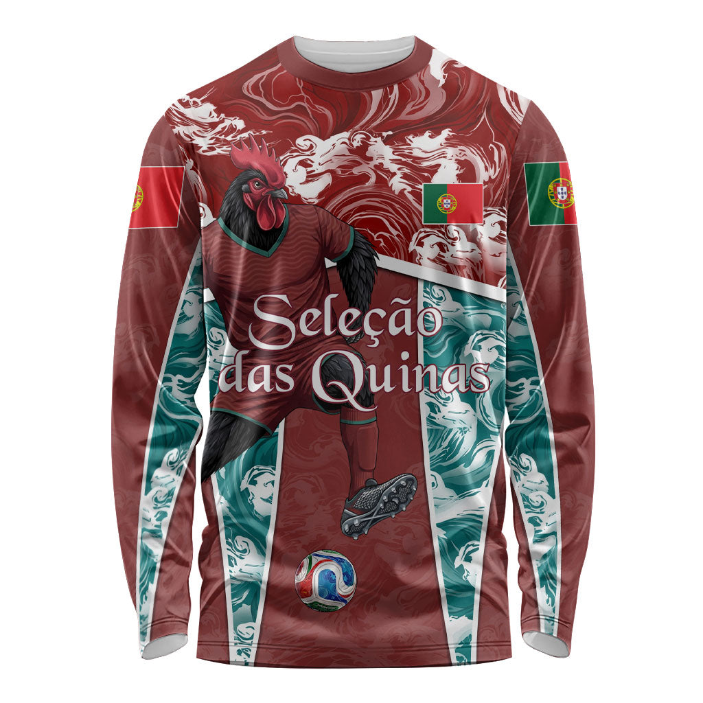 Personalized Portugal Football Long Sleeve Shirt Selecao das Quinas Rooster Mascot Ornate Marble Swirl